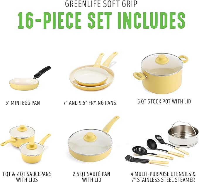 GreenLife Soft Grip Healthy Ceramic Non-Stick 16-Piece Kitchen Cookware Set PFAS-Free Kitchenware with Lid Dishwasher Safe Yellow